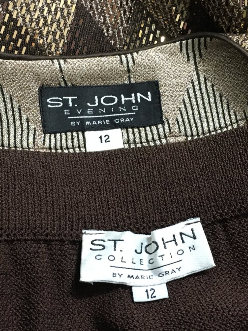 BEAUTIFUL St John knit Brown multi rhinestones embellished skirt suit Size 12 - Picture 10 of 10